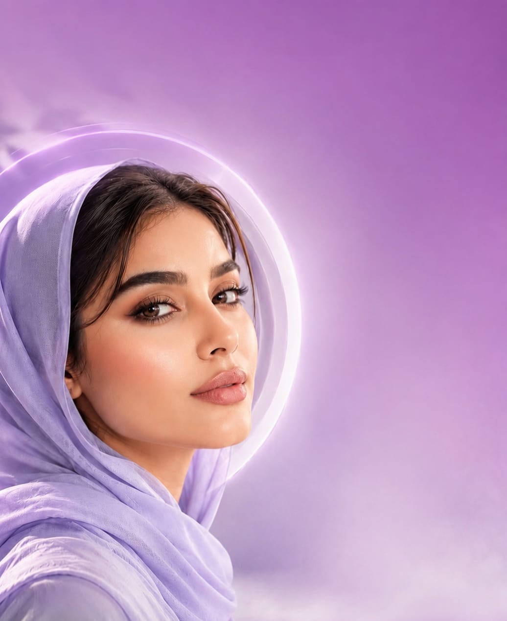 عارضة بيلا ترتدي وشاحًا بلون لافندر، تجسّد هوية بيلا الأرجوانية